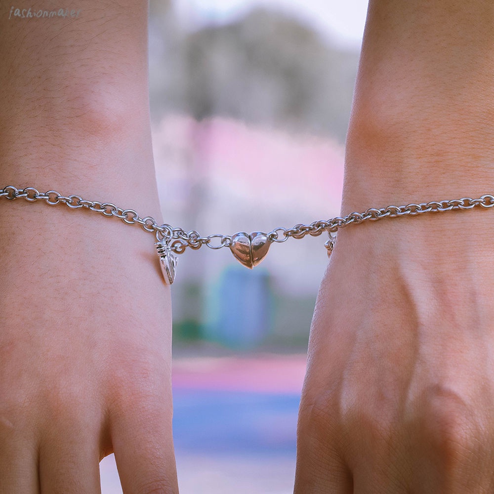 【COD Tangding】2pcs/set Love Lock Simple Lovers Bracelet New Heart Magnet INS Trend Jewelry