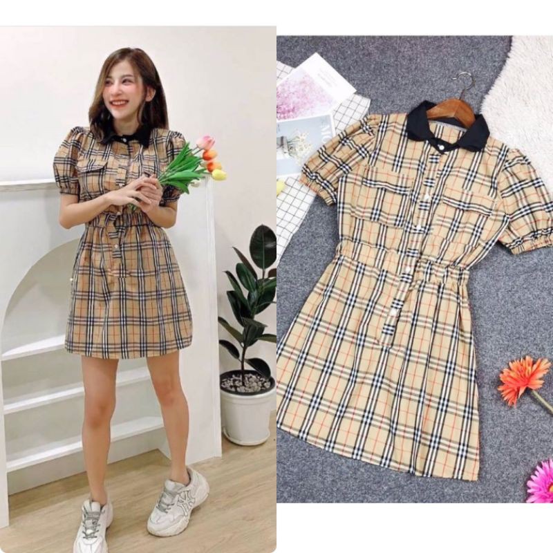 DRESS LONDON #1363 Mini dres casual motif burbery katun Korean style fashion Korea hits murah outfit