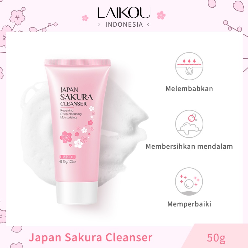 LAIKOU Pencuci Wajah Sakura Jepang Membersihkan Pori Mencerahkan Mengontrol Minyak Halus 50g