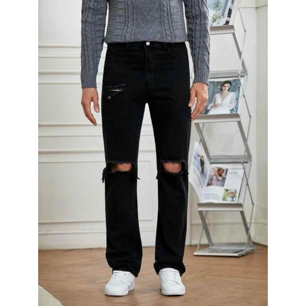 CELANA SOBEK PRIA RIPPED JEANS ROBEK STANDAR REGULER BASIC HITAM PREMIUM 27-38