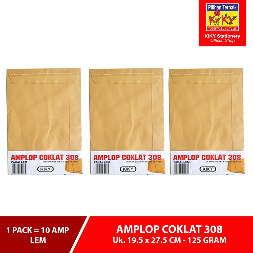 

KIKY Amplop Coklat No. 308 - 125 GRAM Lem - 1 Pack = 10 Lembar