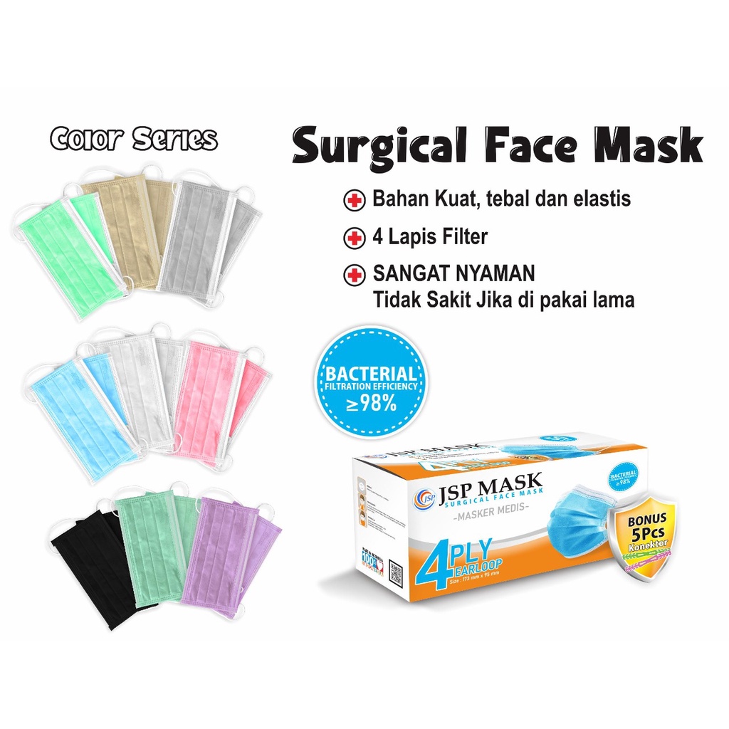 Masker 4PLY isi 50 PC FREE 5 KONEKTOR masker medis KEMENKES surgical JSP mask JM03