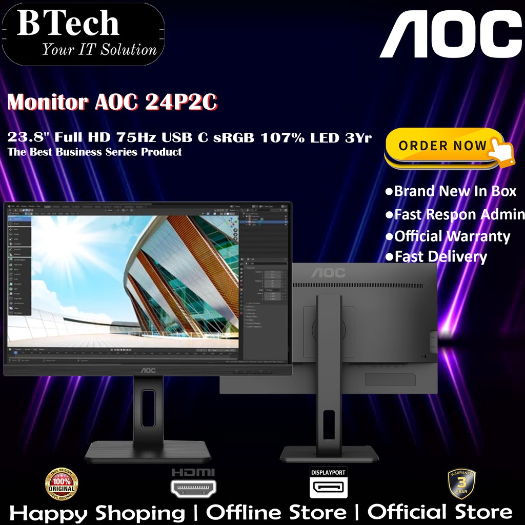 Monitor AOC 24P2C 23.8" Full HD 75Hz USB C sRGB 107% LED 3Yr