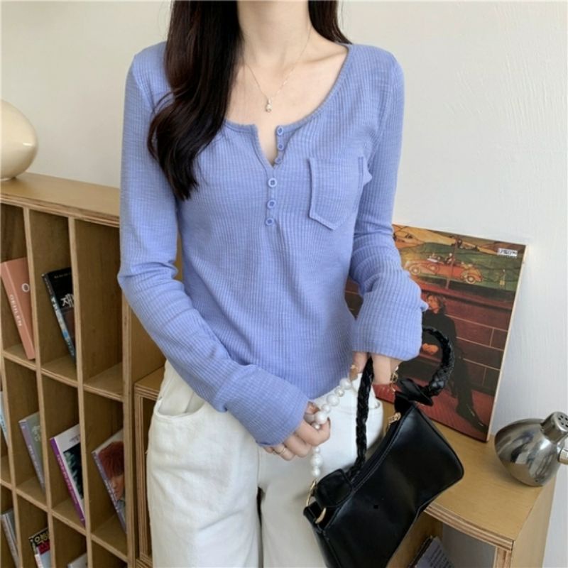 MDLV ~ 5064 Freesia Ribbing Top Button Rib Knit Blouse Rajut Fashion Wanita