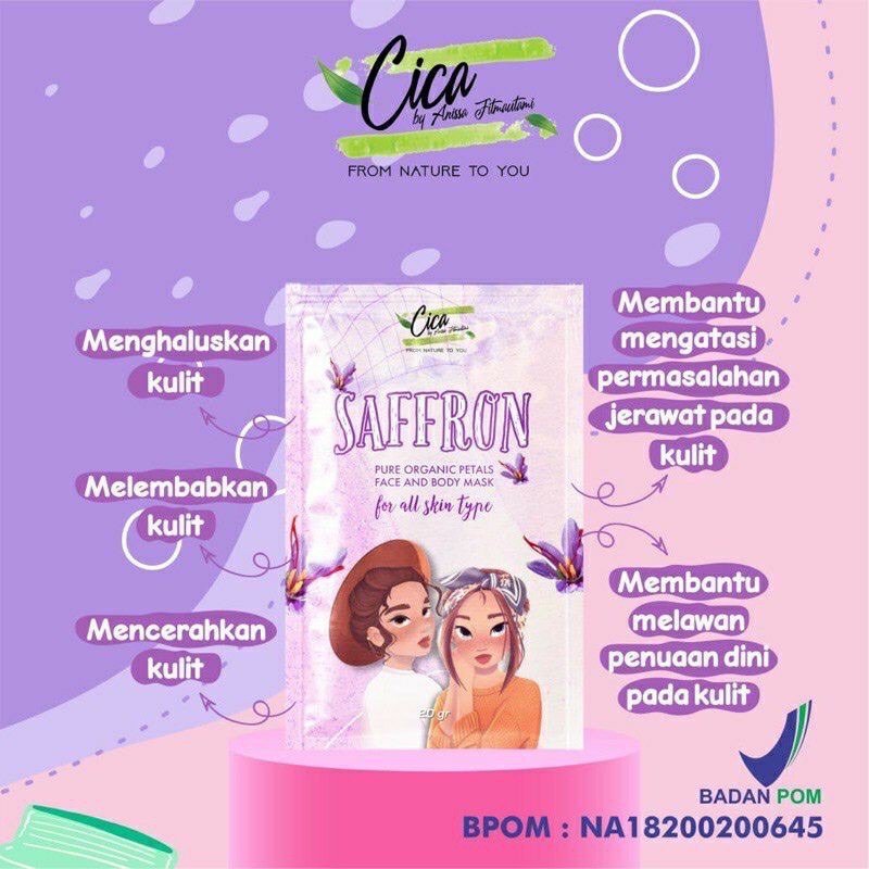 (FREE SPATULA)BPOM CICA NATURE SAFFRON MASK ORGANIC WITH CENTELLA 20gr SAFRON FACE BODY MASK