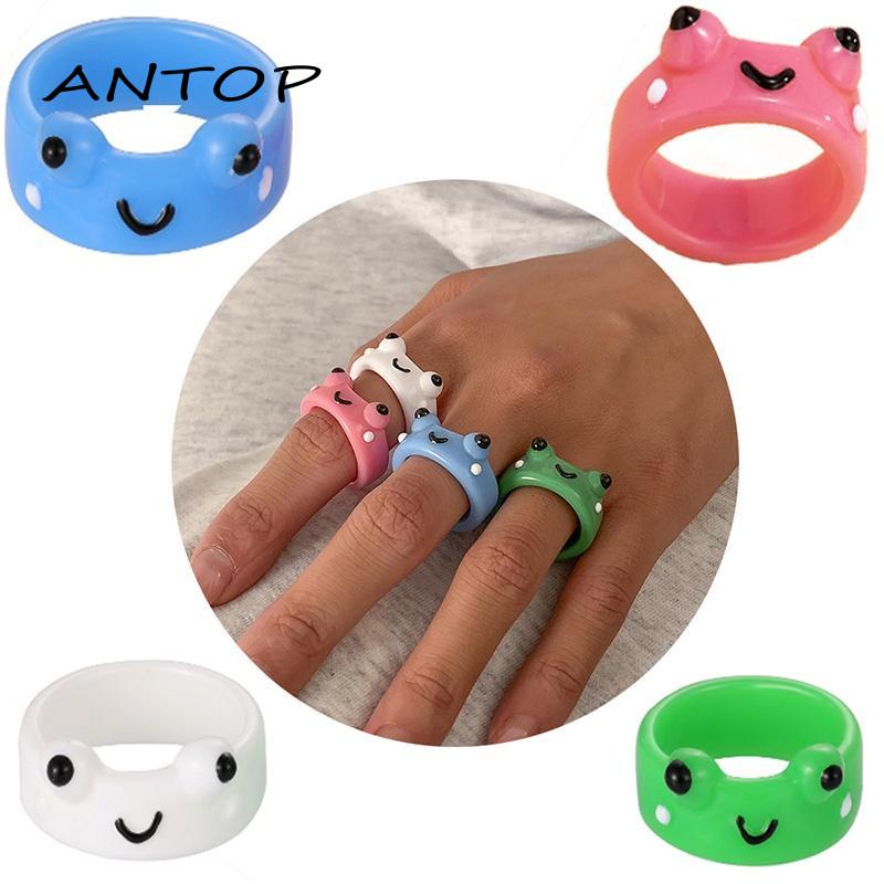 Cincin Bentuk Kartun Kodok Bahan Resin Warna-Warni Untuk Wanita ANTOP