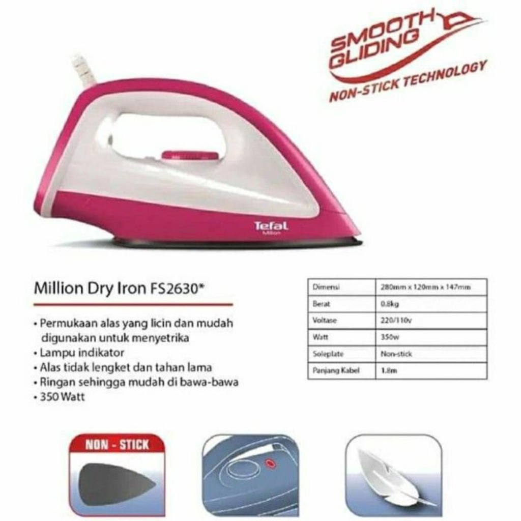 Tefal Seterika Million Dry Iron Penggosok Pakaian Mulus 350 W FS2630