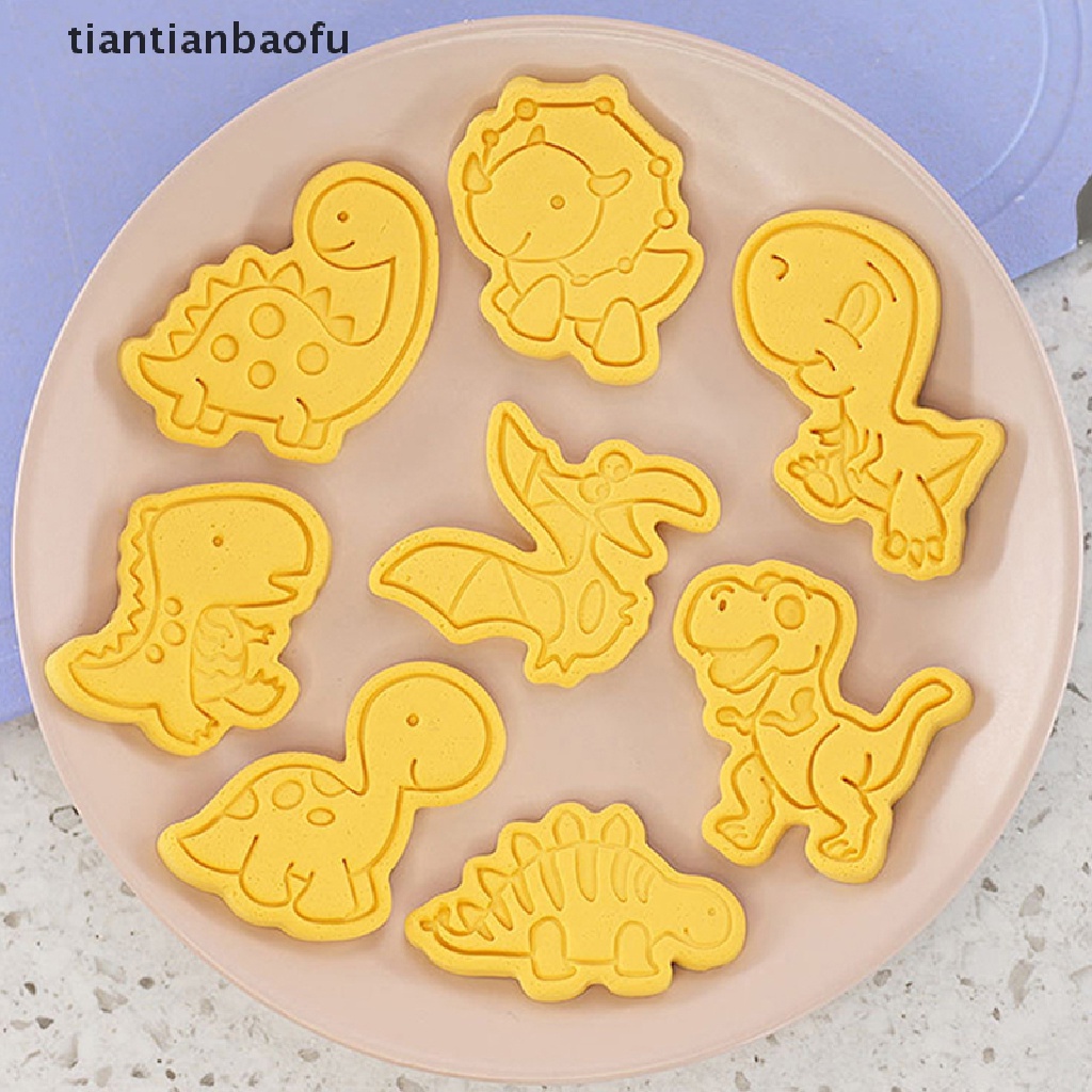 8pcs / Set Cetakan Kue / Biskuit Bentuk Kartun Dinosaurus 3D Bahan Plastik Untuk Alat Dapur Cetakan Kue DIY