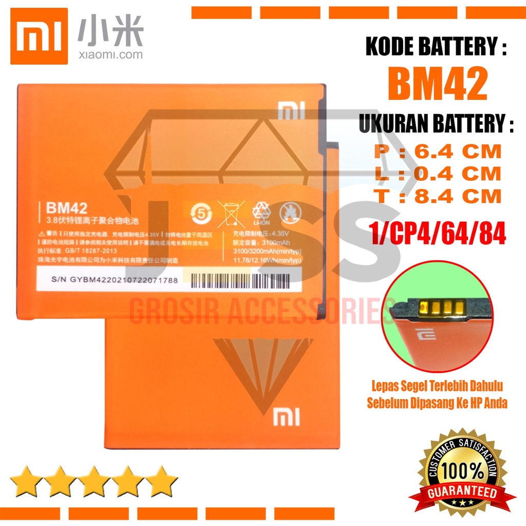 Baterai Battery Original Xiaomi BM-42 BM42 For type HP Redmi Note 1 3G - 4G - Redmi Note 1W - Redmi Note 1S