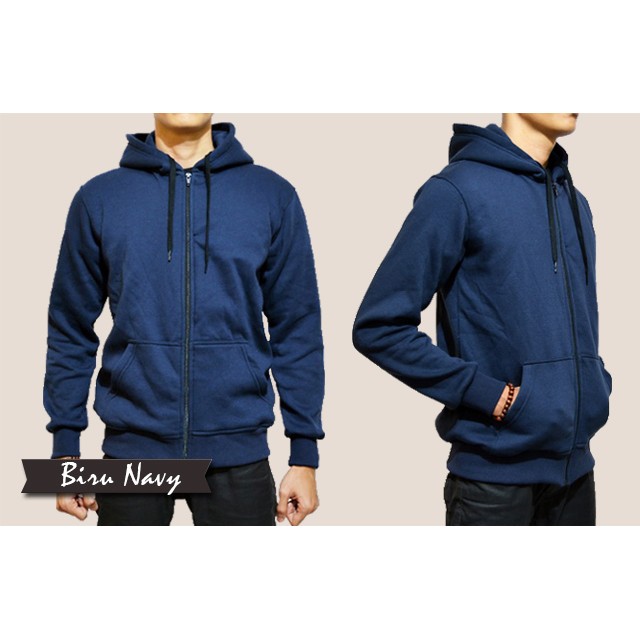 jaket hoodie zipper polos warna navy M-L-XL unisex bahan fleece