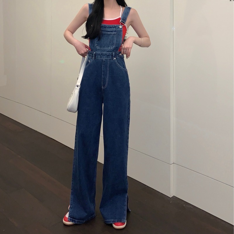 Gaya Korea Jeans Retro Denim Overall Wanita Pinggang Tinggi Longgar Kaki Lebar Celana Mengepel Musim