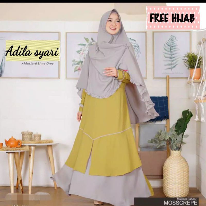 Baju Dress Gamis Syari Busui Wanita Muslim Kondangan Free Khimar Hijab Jilbab ADILA SYARI Warna Polo