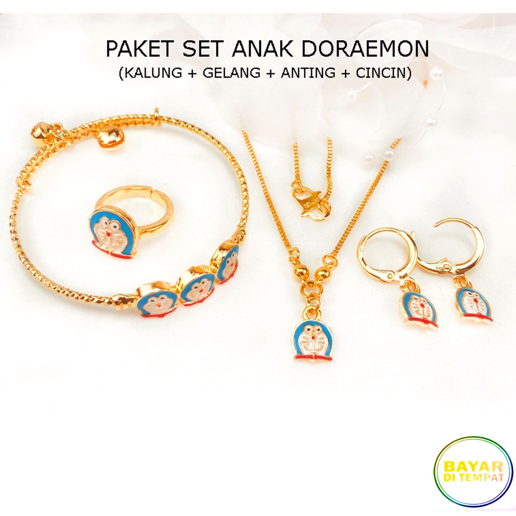 Paket Set Anak Kalung + Gelang + Cincin + Anting Doraemon Gold Perhiasan Anak 1034