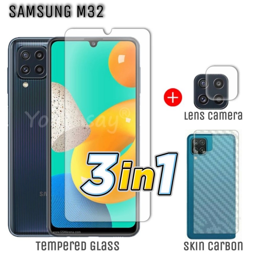 Tempered Glass SAMSUNG GALAXY M32 Anti Gores Clear Dan Tempered Camera FREE Skin Carbon Protector