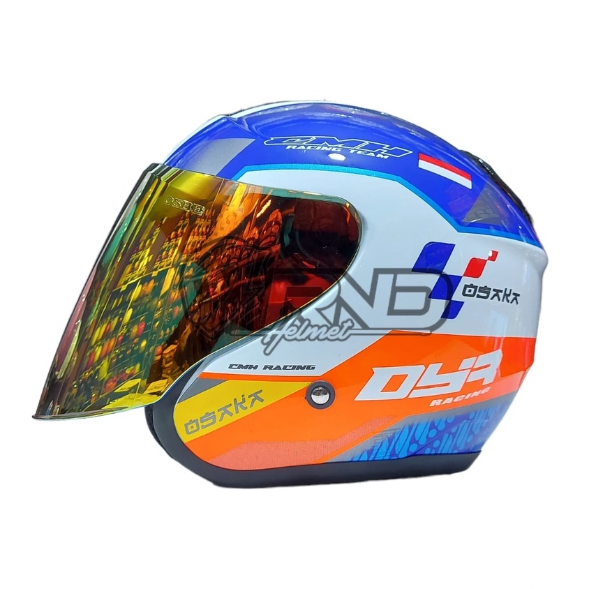Helm KYOTO DYR Motif Mandalika Putih Blue Glossy Half Face DYR OSAKA