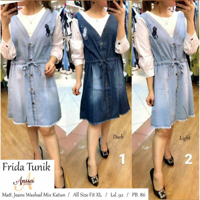 Tunik Jeans Mix Katun Model Bagus Serut Tali Pinggang Bahan Halus Nyaman Aksen Bawah Rawis