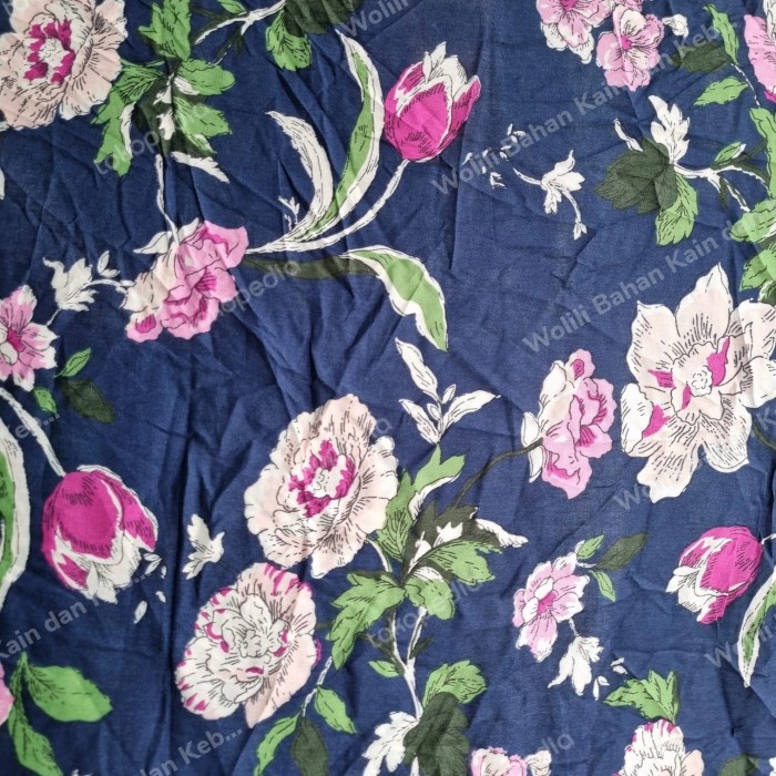 Kain Santung Halus Rayon Santung Motif Bunga Kembang Biru B2- 50cm