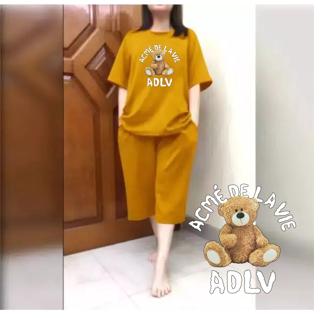 Setelan Jumbo Wanita + Celana Kulot 3/4 Big Size Fit XXL Motif Teddy Bear