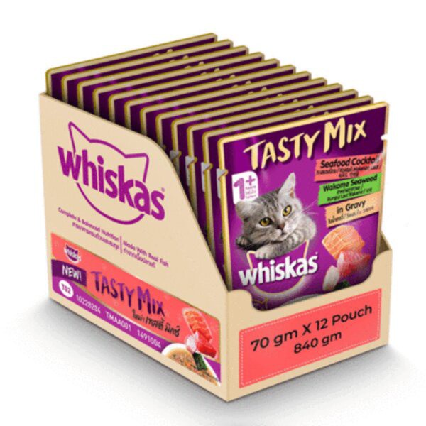 Whiskas Tasty Mix Tuna Chicken Salmon Seafood Cocktail Seaweed Kanikama Carrot 70g 70gr 70 gr gram Makanan Basah Snack Ringan Kucing Wet Cat Food Catfood Camilan Cemilan