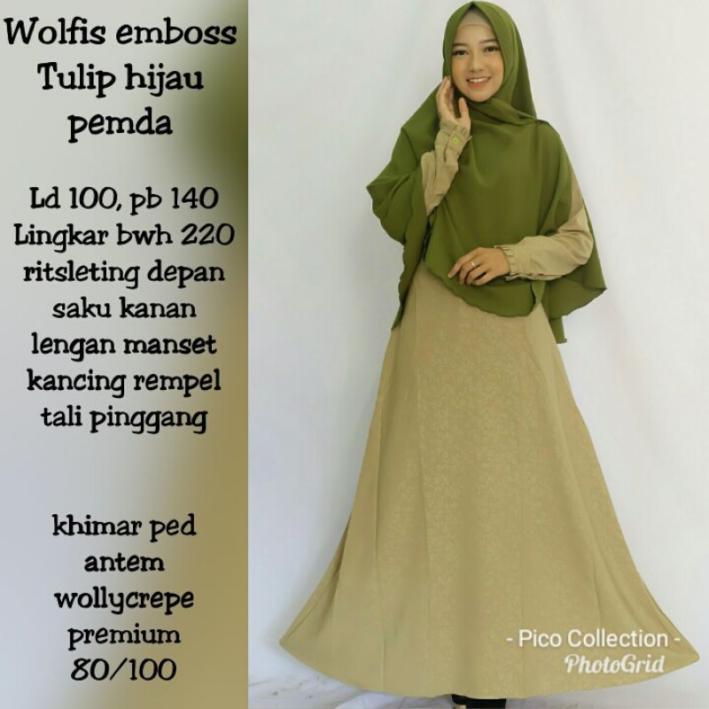 Gamis set Syar'i Wolfis emboss khimar polos size standar Jumbo