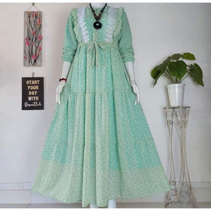 Gamis Renda Bunga / Gamis motif bunga kecil / Gamis Ceruty Babydoll Premium