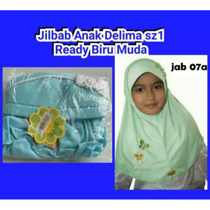 Jilbab /Khimar / Hijab / Bergo / Kerudung Anak Delima Biru Muda Bando Pita Bordir Kupu-Kupu Sz1