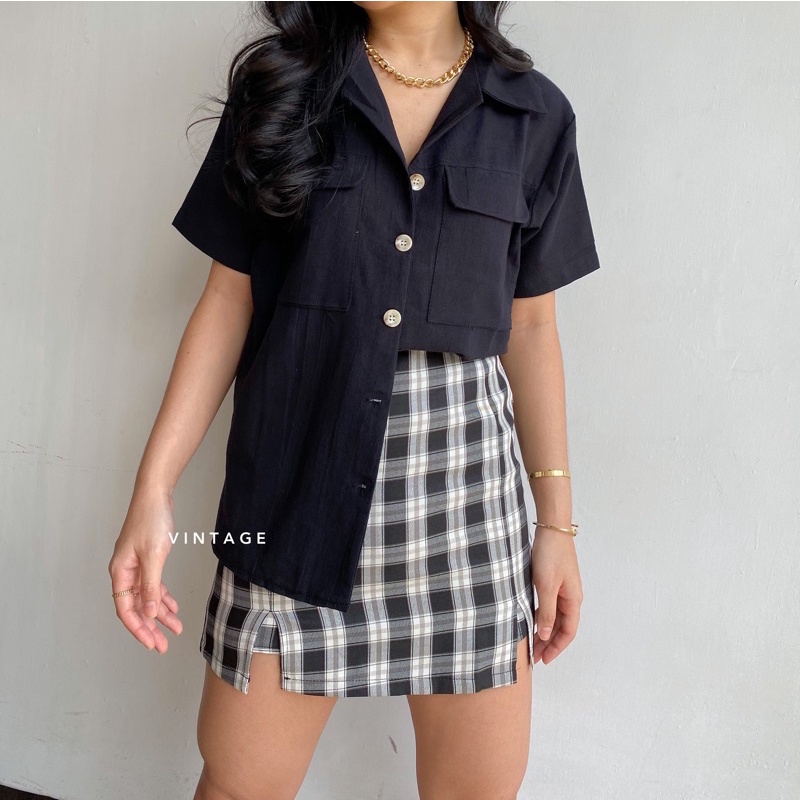 KEMEJA WANITA CASUAL POCKET TOP KEMEJA WANITA POLOS BASIC MURAH-Black