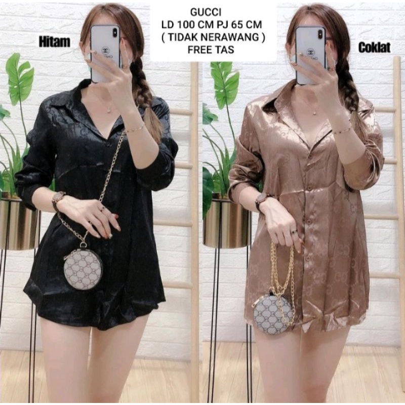 Kemeja wanita satin tangan panjang impor printing DR LV GC CH free tas rantai As6631-2