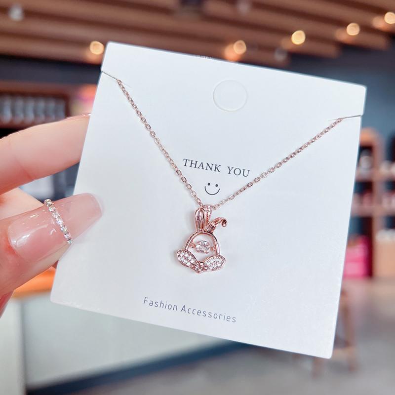 XiaoboACC Kalung Rantai Titanium Steel Lapis Rose Gold 18K Liontin Kelinci Hias Berlian Ukuran Untuk Wanita - 38CM + 6CM