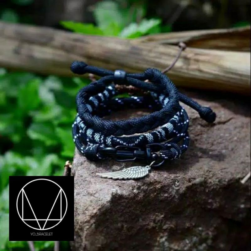 Gelang Pria Wanita Keren Tali Prusik Paracord Kew Kew Hitam Polos / Gelang Tangan / Gelang Couple