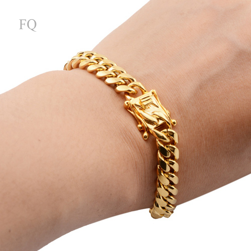 Classic 18K Gold Plated Stainless Steel Miami Cuban Link Chain Bracelet Men 10MM