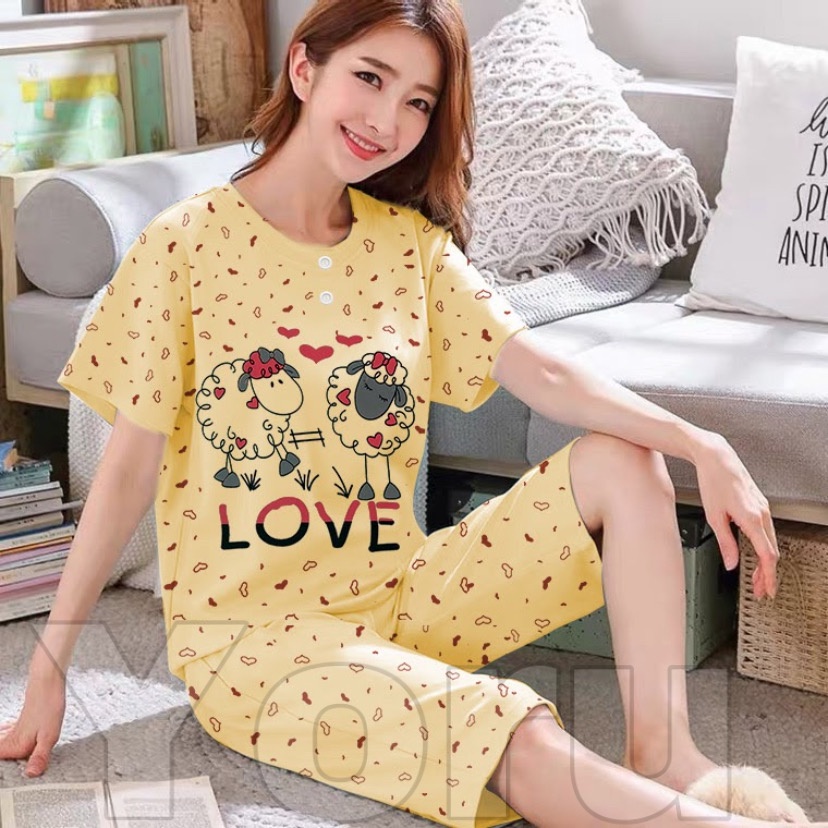 Pamelo.id Stelan C3/4 Baby Doll / Suplier Sleep Wear / Baju Tidur Wanita kaos Katun / Stelan Baju Tidur Murah Produk Terlaris Set HP-Domba Yelow