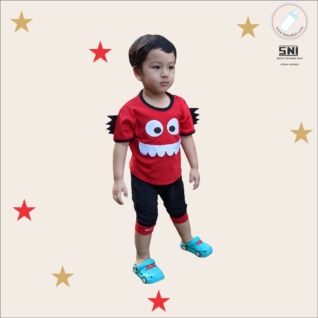 BERSERTIFIKASI SNI BABYBEB Little Monster BabyBeb Baju Setelan Kaos Celana Pergi Jalan Lucu Fashion Anak Bayi Cowok Laki Lucu