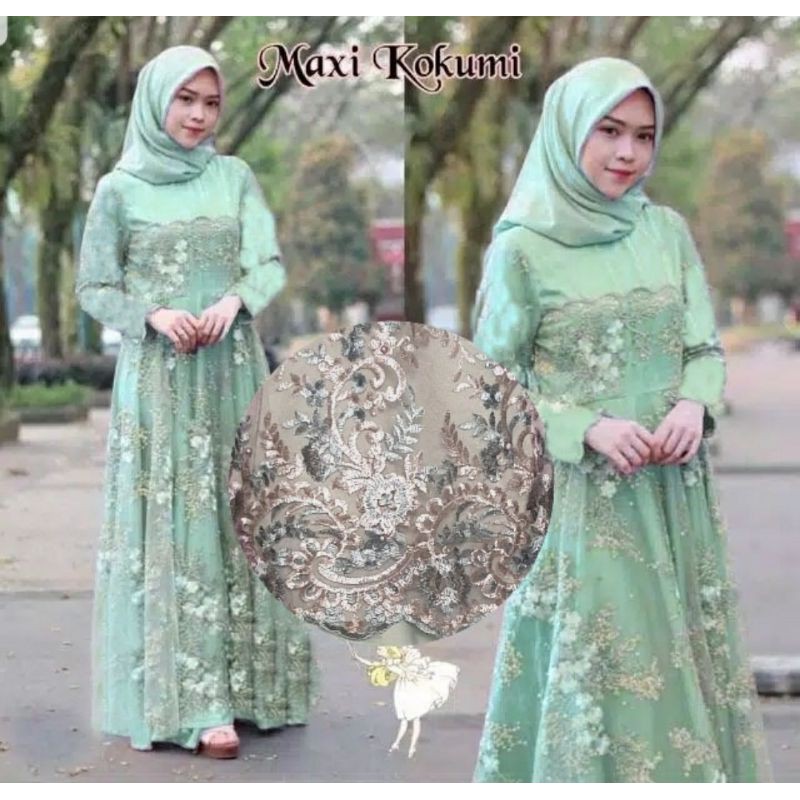 ⭐⭐⭐⭐⭐Gamis Pesta Brukat Mewah bajumuslim Maxi kokumi Pink matt satin velvet dan brukat ld 110 pj 140