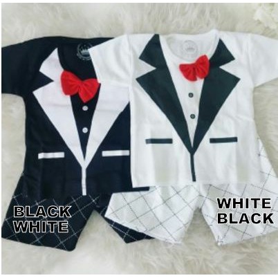 Setelan Anak Bayi Toddler Kaos Celana Putih Hitam Tuxedo