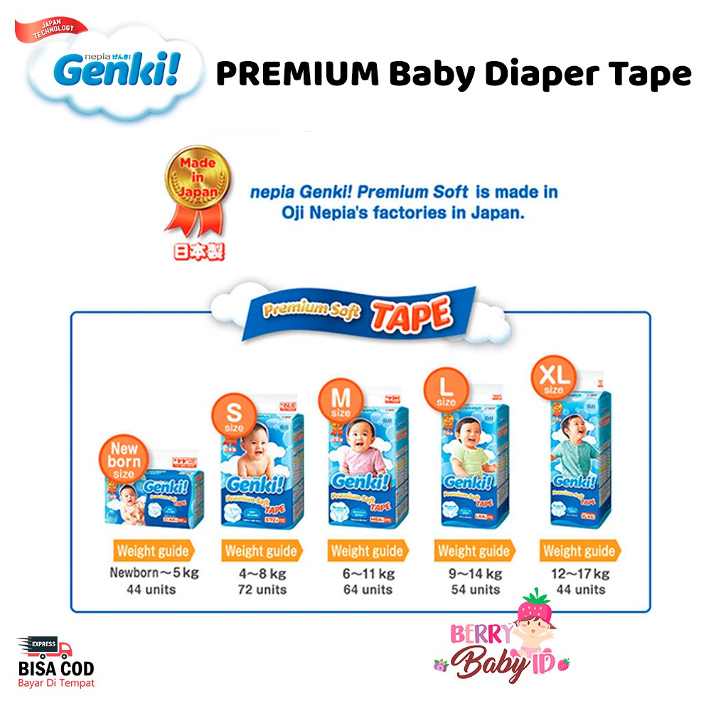 Nepia GENKI Premium Diaper Tape Popok Diaper Bayi Sekali Pakai NB44 Newborn 44 pcs Berry Mart
