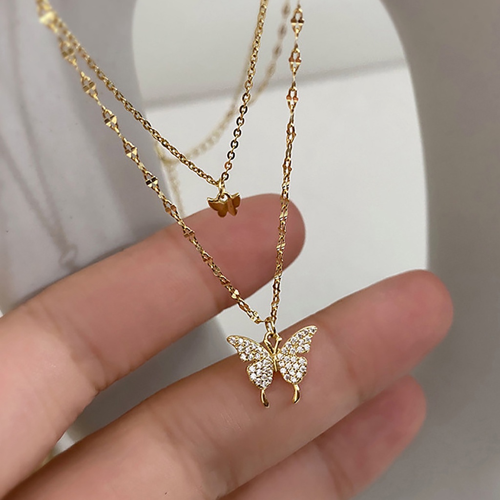 Hu Hu Hu Hu Hu Alat Bantu Pasang Kacamata♡ Butterfly Kalung Rantai Klavikula Liontin Kupu-Kupu Lapisan Ganda Bahan Alloy Tahan Karat Untuk Wanita