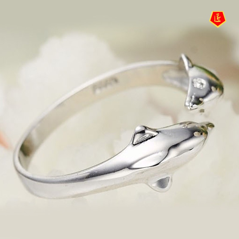 [Ready Stock]Happy Double Dolphin Love Silver Ring Women