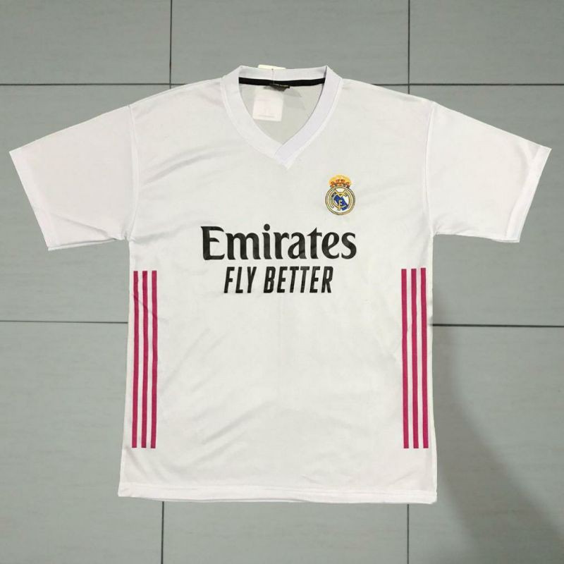 Jersey Real Madrid Home 2020 - 2021 Putih Stripe Pink Terbaru Lokal
