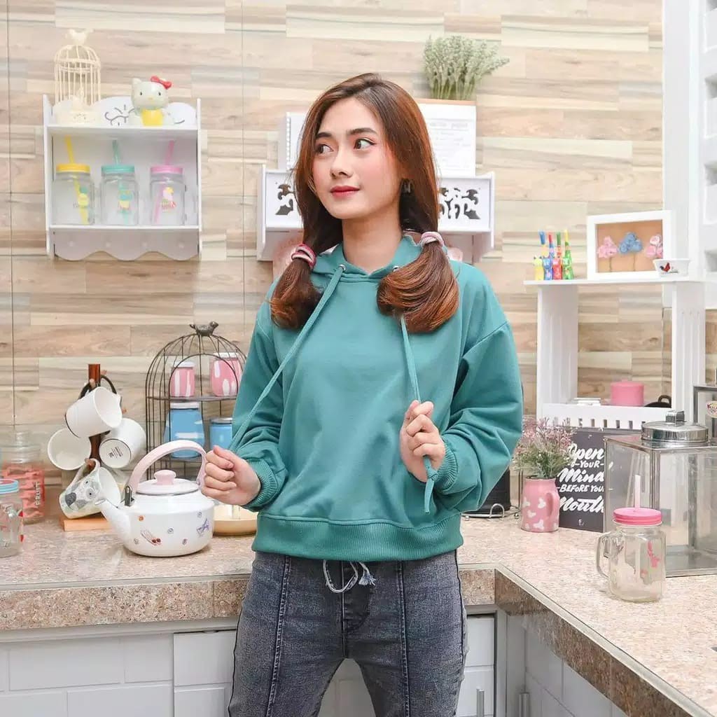 HOODIE CROOPE WANITA SWEATER POLOS OVER SIZE TERBARU-hijau tosca