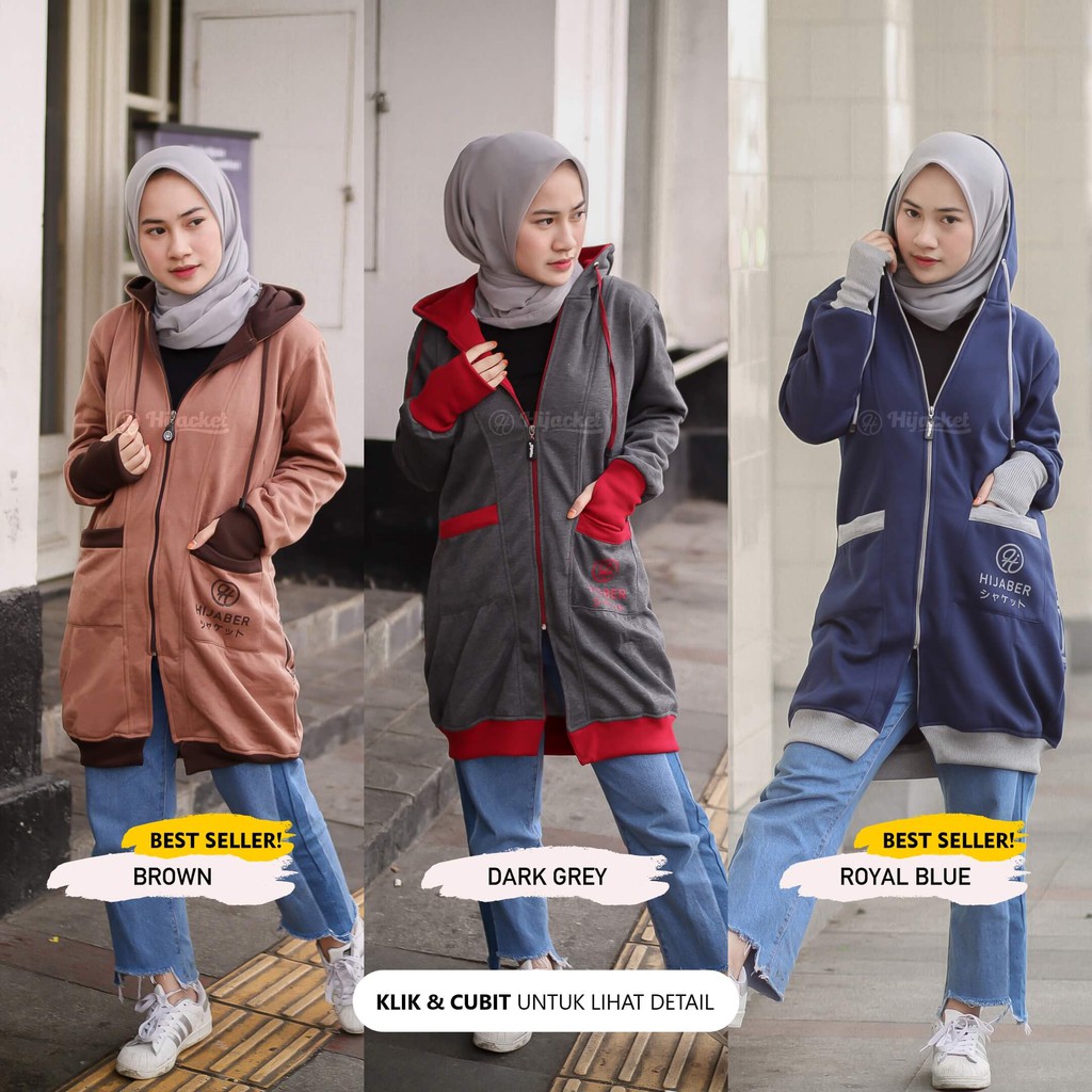 Hijacket Yukata Hijaket Jaket Hijab Muslimah Panjang Polos Motif Tutup Tangan Roundhand Jacket Wanita Syari Simple Hoodie Kupluk Outer Muslim Warna Coklat hitam maroon abu pink navy Ori Original kekinian terbaru Size M L XL XXL LD 98 104 110 Jumbo 120