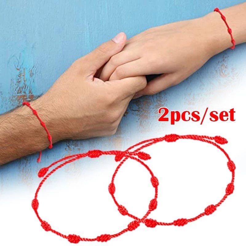 2pcs / Set Gelang Tali Kepang Handmade 7 Simpul Warna Merah Untuk Pria Dan Wanita