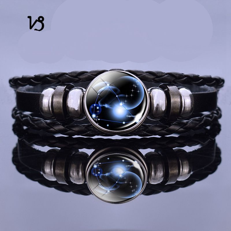 Gelang Tangan Kulit Hitam Aksen 12 Rasi Bintang Luminous Untuk Pria