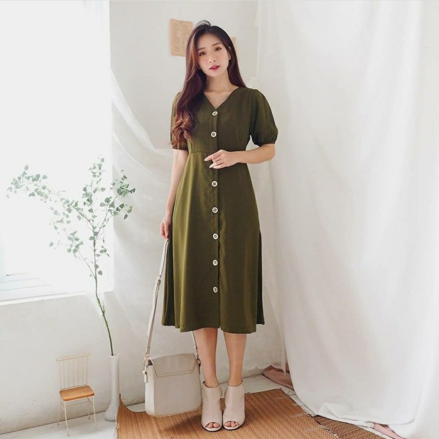 BAJU DRESS WANITA KOREA BAJU CASUAL DRES KAOS TERUSAN PEREMPUAN BUTTON SUMMERI