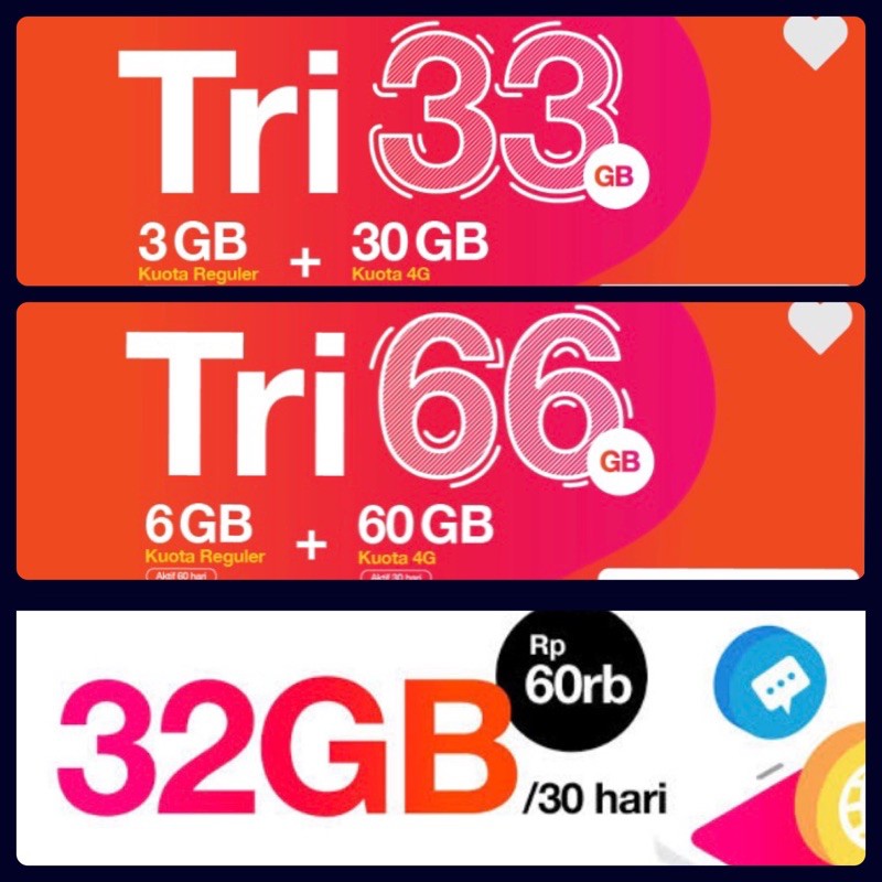 Convert Pulsa Isi ulang Voucher vocer Kuota 3 | tri 32GB 33GB 66GB 30 Hari | Shopee Indonesia