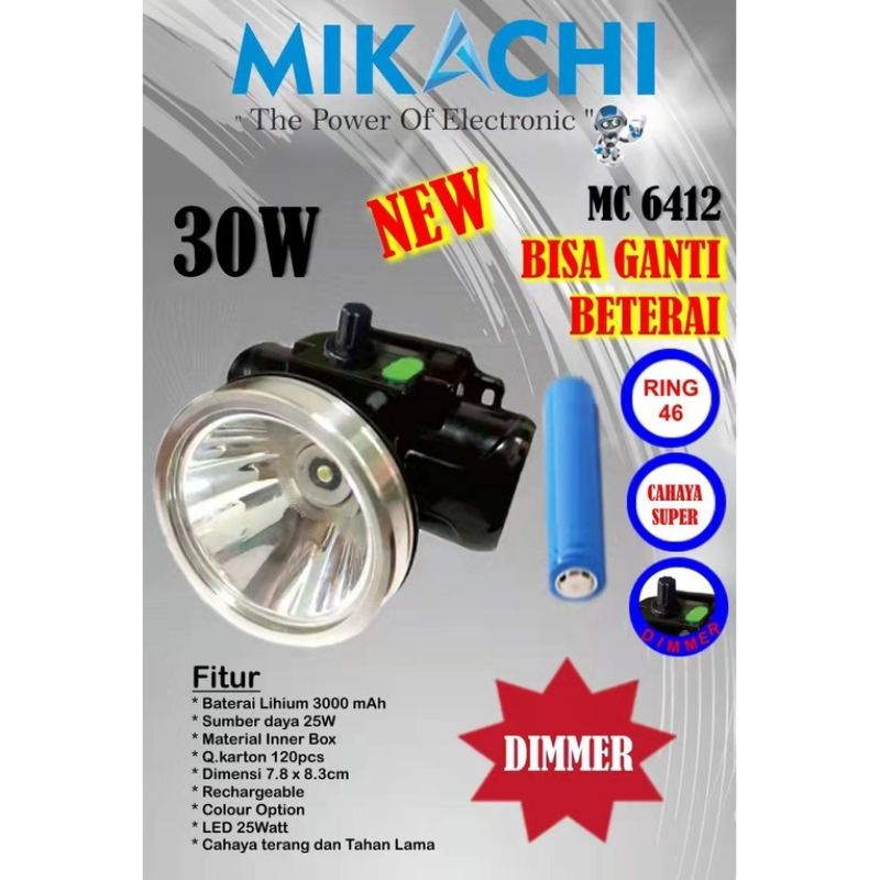 Senter Kepala Original Mikachi MC-6412 30Watt 3000mah Model Dimmer Gratis Ongkir COD