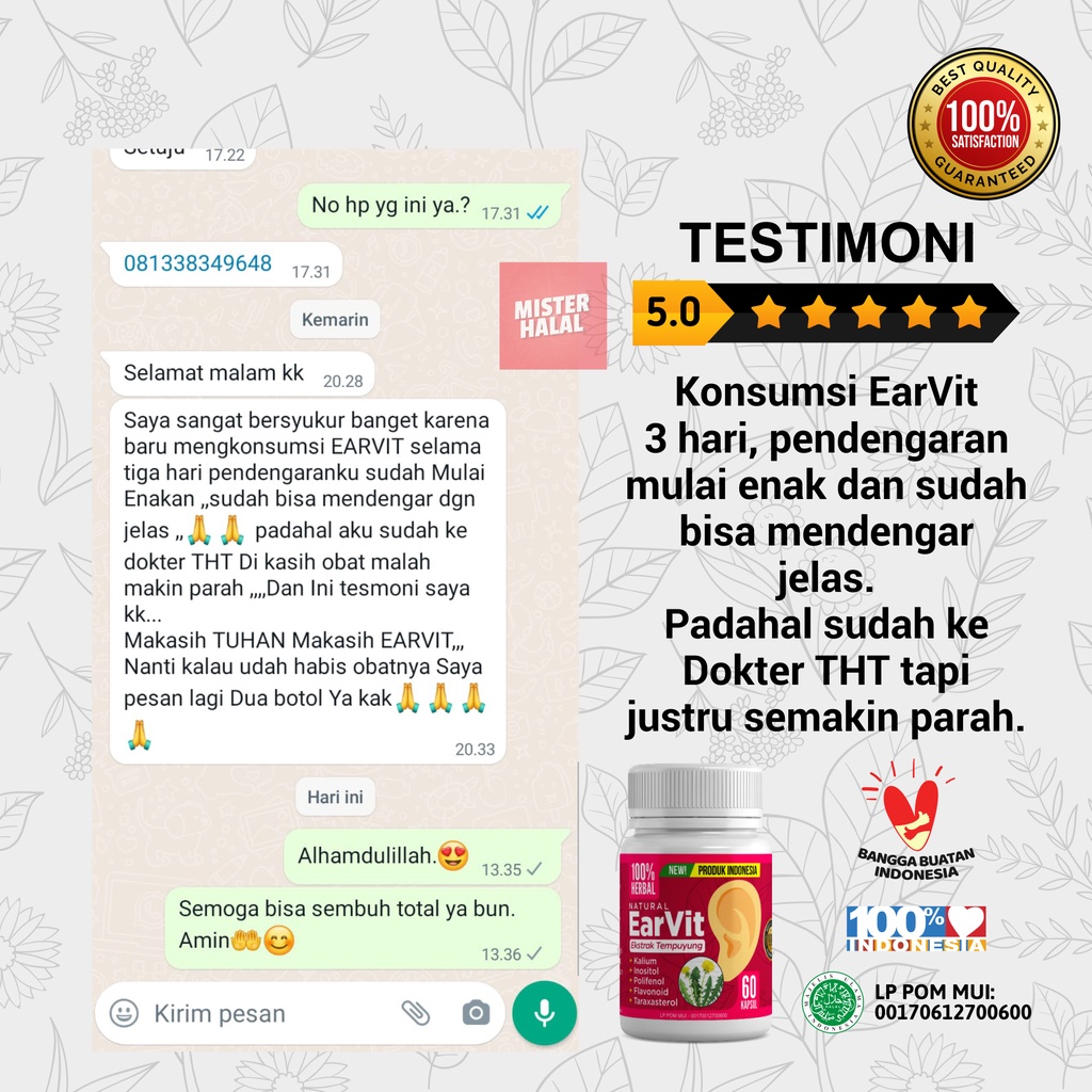 EARVIT Obat Gangguan Telinga, Obat Tinnitus, Telinga Berdenging, Berdengung, Mendengung Pada Telinga Kiri/Kanan, Obat Congek Telinga Bernanah, Infeksi Telinga, Curek, Bisa Untuk Anak Dan Dewasa