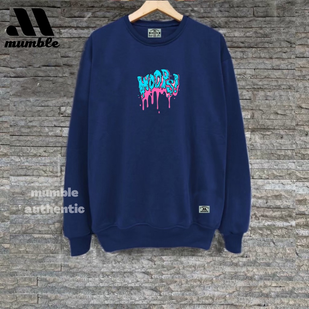 MUMBLEAUTHENTIC Crewneck Biru Navy Cowok Cewek List Print WOOPS Sweater Kruneck bahan Katun flecee M L XL XXL unisex