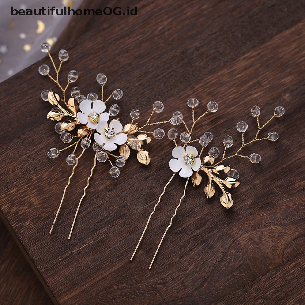 2 Pcs Jepit Rambut Handmade Bentuk Bunga Daun Emas Aksen Berlian Imitasi Untuk Pengantin