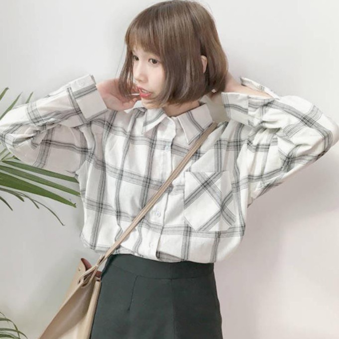 [COD&amp;READY STOK]Atasan Kemeja Lengan Panjang Kotak-kotak Blouse Oversize Fashion Shirt Korea Style Baju Wanita